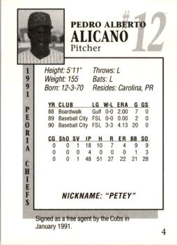 1991 Peoria Chiefs #4 Pedro Alicano Back