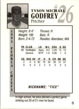 1991 Peoria Chiefs #8 Tyson Godfrey Back