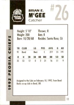 1992 Peoria Chiefs #11 Brian McGee Back