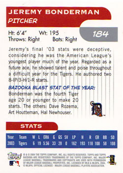 2004 Bazooka #184 Jeremy Bonderman Back