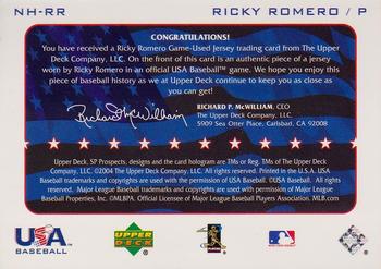 2004 SP Prospects - National Honors USA Jersey #NH-RR Ricky Romero Back