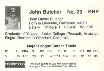 1983 Affiliated Food Stores Texas Rangers #NNO John Butcher Back
