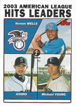 2004 Topps 1st Edition #338 2003 American League Hits Leaders (Vernon Wells / Ichiro Suzuki / Michael Young) Front
