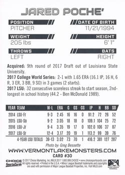 2017 Choice Vermont Lake Monsters #30 Jared Poche Back