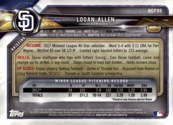 2018 Bowman - Chrome Prospects #BCP99 Logan Allen Back