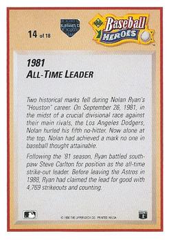 1991 Upper Deck - Baseball Heroes: Nolan Ryan #14 Nolan Ryan Back