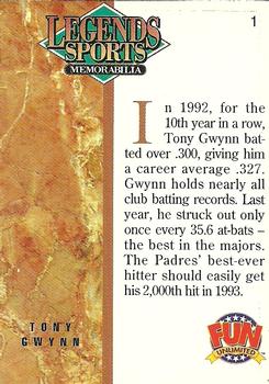 1993 Legends Fun Unlimited Tony Gwynn #1 Tony Gwynn Back