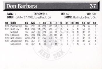 1995 Pawtucket Red Sox #37 Don Barbara Back