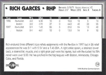 1998 Blueline Q-Cards Pawtucket Red Sox #14 Rich Garces Back