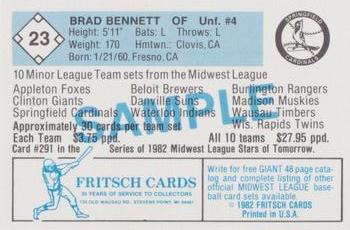 1982 Fritsch Springfield Cardinals - Samples #23 Brad Bennett Back