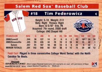 2010 Grandstand Salem Red Sox #NNO Tim Federowicz Back