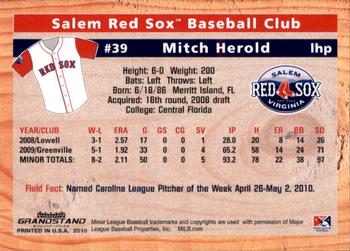 2010 Grandstand Salem Red Sox #NNO Mitch Herold Back