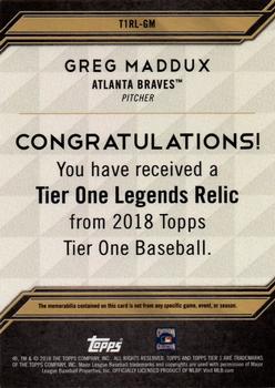 2018 Topps Tier One - Tier One Legends Relics #T1RL-GM Greg Maddux Back