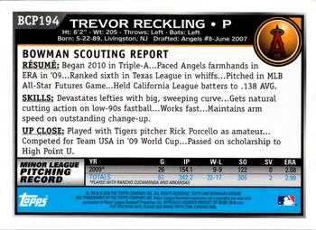2010 Bowman Chrome - Prospects Autographs #BCP194 Trevor Reckling Back