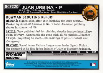 2010 Bowman Chrome - Prospects Autographs #BCP220 Juan Urbina Back