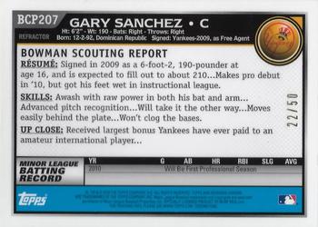 2010 Bowman Chrome - Prospects Autographs Gold Refractors #BCP207 Gary Sanchez Back