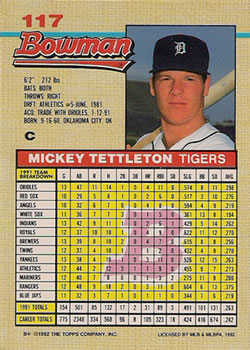 1992 Bowman #117 Mickey Tettleton Back