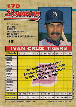 1992 Bowman #170 Ivan Cruz Back