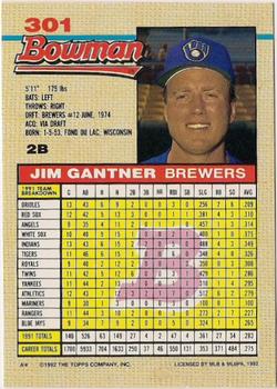 1992 Bowman #301 Jim Gantner Back