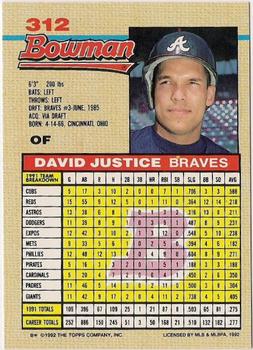 1992 Bowman #312 David Justice Back