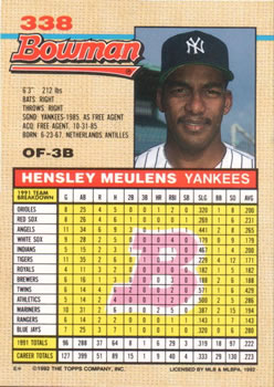 1992 Bowman #338 Hensley Meulens Back