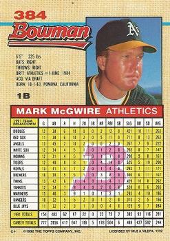 1992 Bowman #384 Mark McGwire Back
