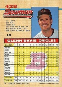 1992 Bowman #428 Glenn Davis Back