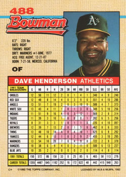1992 Bowman #488 Dave Henderson Back
