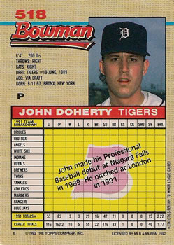 1992 Bowman #518 John Doherty Back