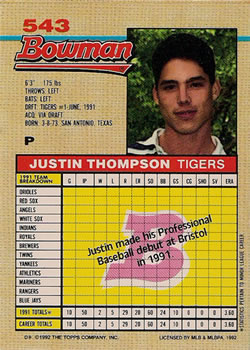 1992 Bowman #543 Justin Thompson Back