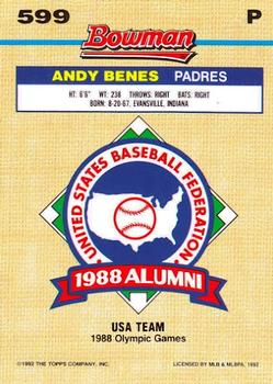 1992 Bowman #599 Andy Benes Back