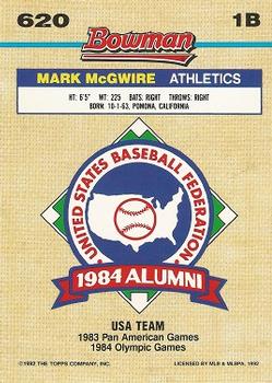 1992 Bowman #620 Mark McGwire Back