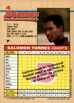 1992 Bowman #4 Salomon Torres Back