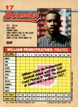 1992 Bowman #17 William Pennyfeather Back