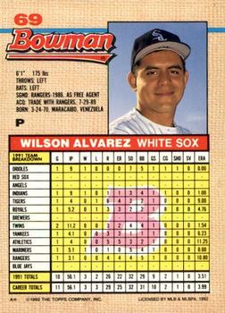 1992 Bowman #69 Wilson Alvarez Back