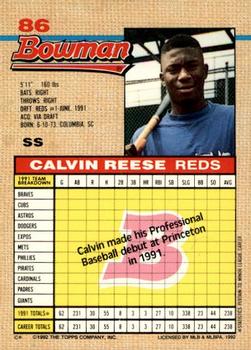 1992 Bowman #86 Calvin Reese Back