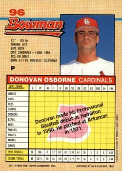 1992 Bowman #96 Donovan Osborne Back
