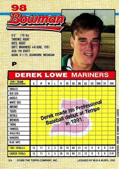 1992 Bowman #98 Derek Lowe Back
