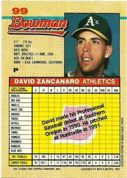 1992 Bowman #99 David Zancanaro Back