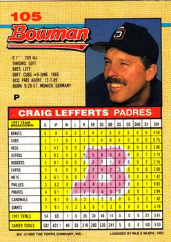 1992 Bowman #105 Craig Lefferts Back