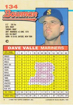 1992 Bowman #134 Dave Valle Back