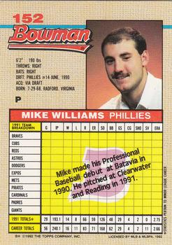 1992 Bowman #152 Mike Williams Back