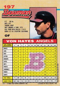 1992 Bowman #197 Von Hayes Back