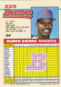 1992 Bowman #225 Ruben Sierra Back