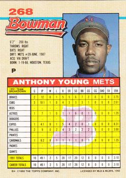 1992 Bowman #268 Anthony Young Back