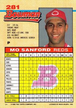 1992 Bowman #281 Mo Sanford Back