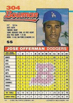 1992 Bowman #304 Jose Offerman Back