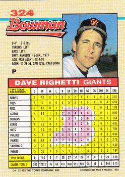 1992 Bowman #324 Dave Righetti Back