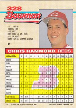 1992 Bowman #328 Chris Hammond Back