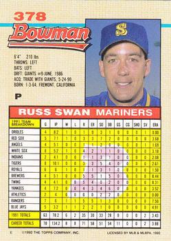 1992 Bowman #378 Russ Swan Back